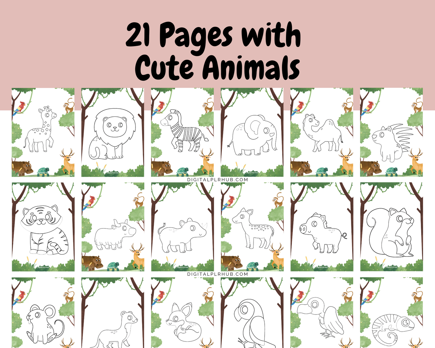 Preview of 21 jungle animal coloring pages, featuring simple, bold outlines of lions, giraffes, elephants, zebras, and other jungle creatures. Perfect for young kids.