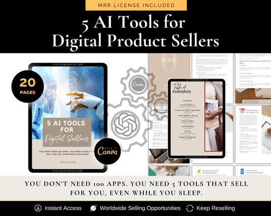 Canva editable ebook mockup showing 5 AI Tools for Digital Product Sellers guide with 20 pages and resell rights.