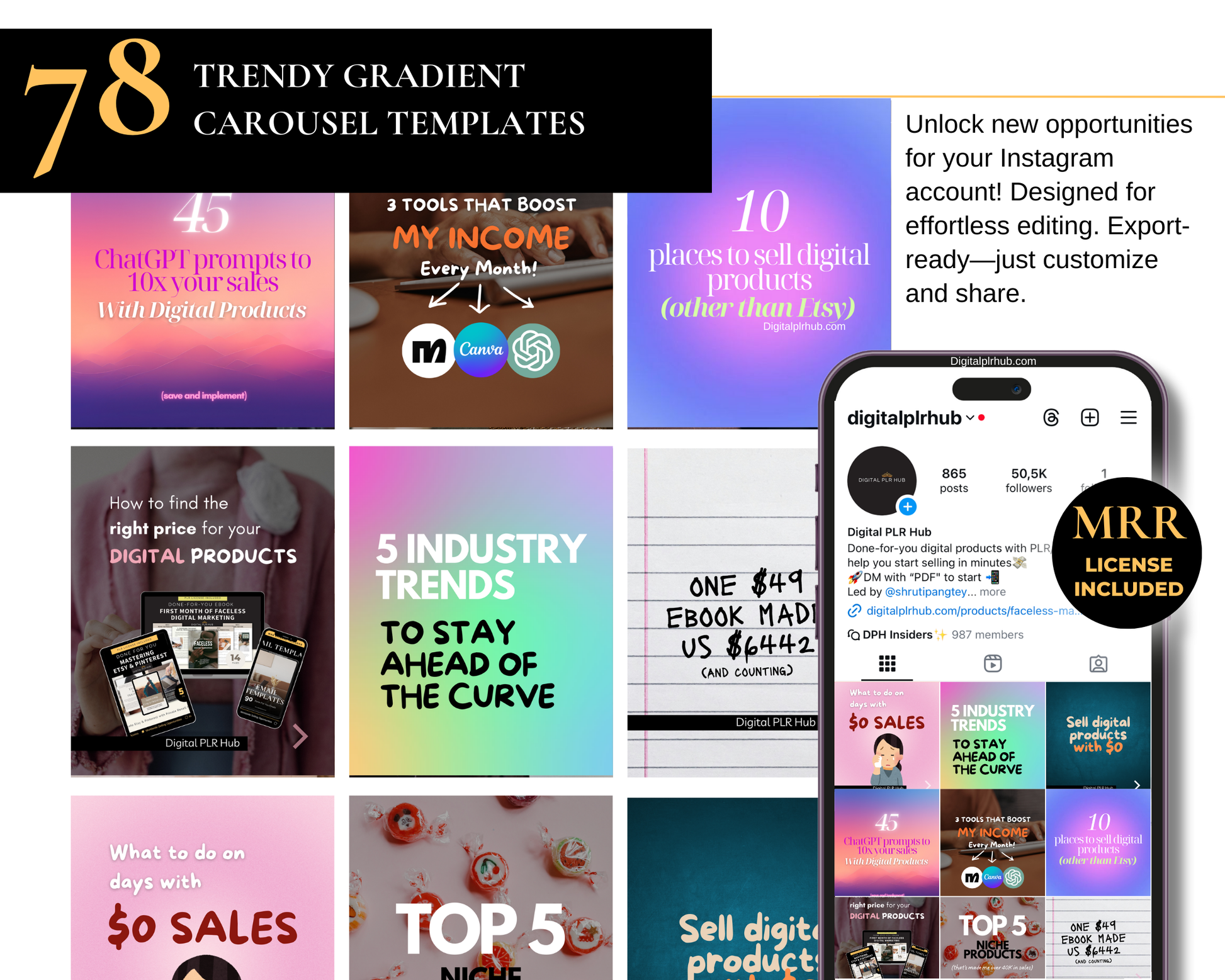 Editable Instagram carousel templates from the Digital Entrepreneur Bundle, optimized for digital marketers, entrepreneurs, and content creators.