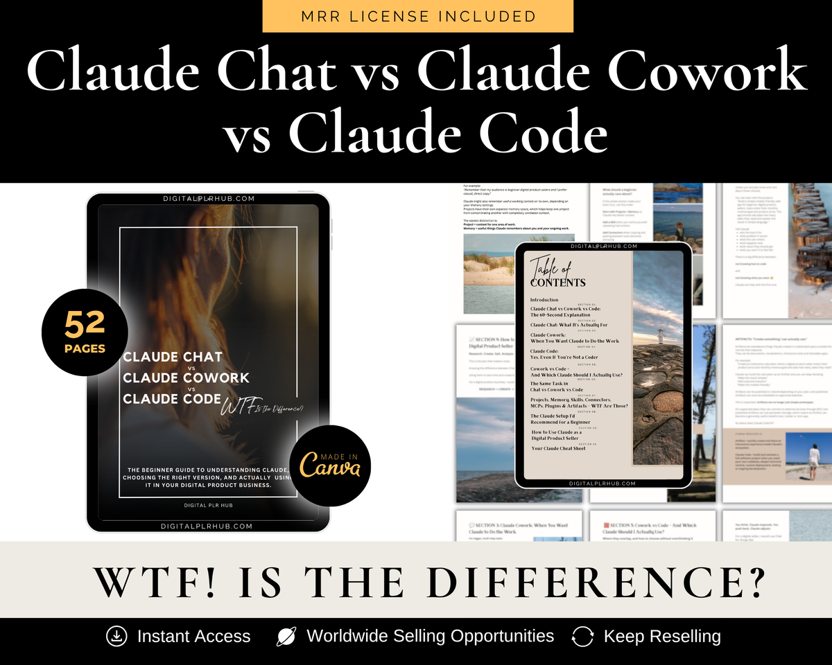 Promotional graphic for a digital guide titled 'Claude Chat vs Claude Cowork vs Claude Code' with a black background, white text, a tablet mockup showing the cover, a Canva logo badge, a '52 pages' callout, and several interior page previews arranged on the right.