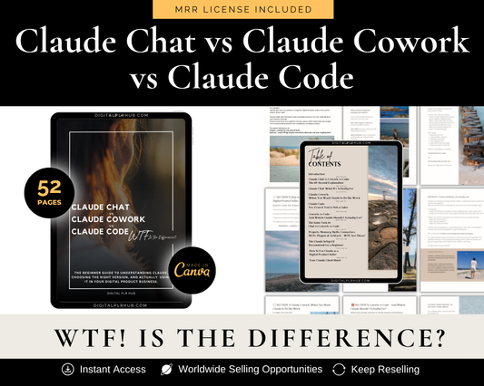 Promotional graphic for a digital guide titled 'Claude Chat vs Claude Cowork vs Claude Code' with a black background, white text, a tablet mockup showing the cover, a Canva logo badge, a '52 pages' callout, and several interior page previews arranged on the right.