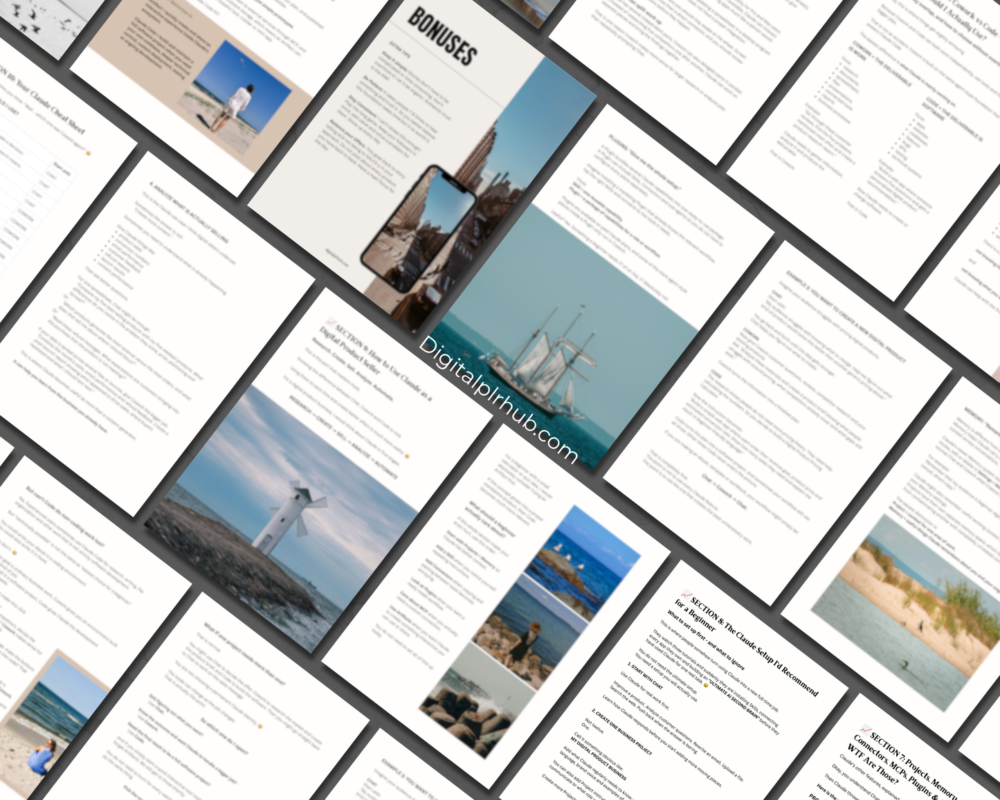 A collage of angled printed pages with text and nautical-themed photos, including a lighthouse, sailboat, beach scene, and a phone mockup displaying content. The pages appear to be a digital or printed publication layout rather than a single physical retail product.