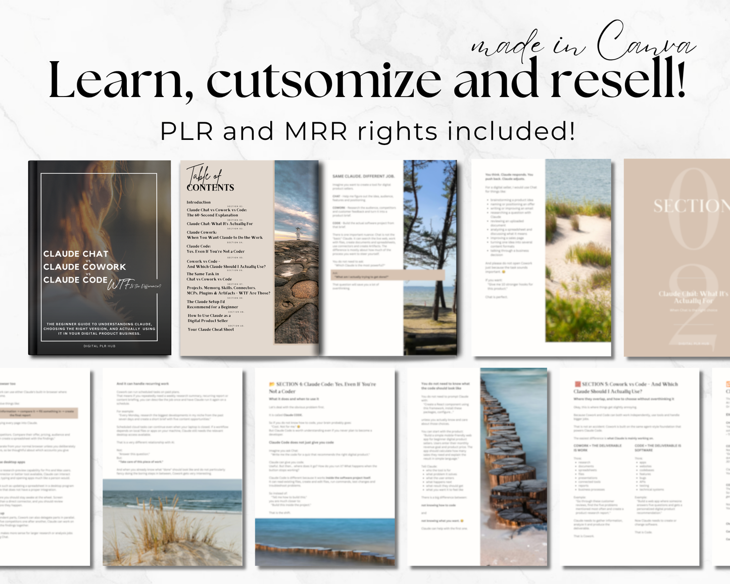 Promotional graphic for a customizable PLR and MRR rights digital template bundle, featuring multiple mockups of beach-themed presentation slides and pages. The text at the top reads 'Learn, cutsmize and resell! PLR and MRR rights included!' and 'made in Canva'.