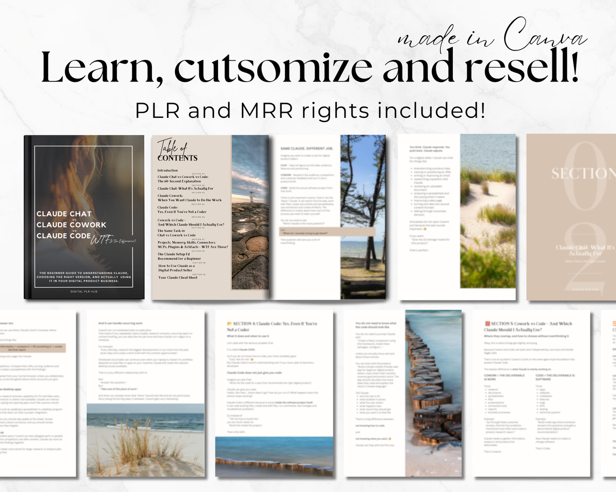 Promotional graphic for a customizable PLR and MRR rights digital template bundle, featuring multiple mockups of beach-themed presentation slides and pages. The text at the top reads 'Learn, cutsmize and resell! PLR and MRR rights included!' and 'made in Canva'.
