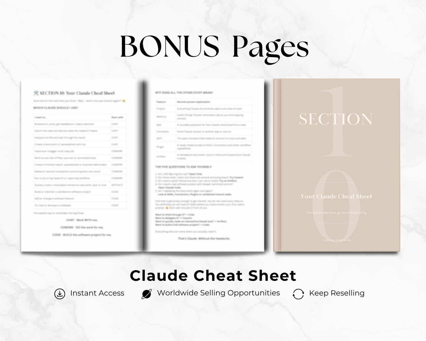 Promotional graphic for a bonus pages Claude Cheat Sheet, showing three preview pages: an instruction sheet, a checklist sheet, and a beige cover page labeled 'SECTION 10 Your Claude Cheat Sheet,' on a light marble background with text reading 'BONUS Pages' and 'Claude Cheat Sheet.'.