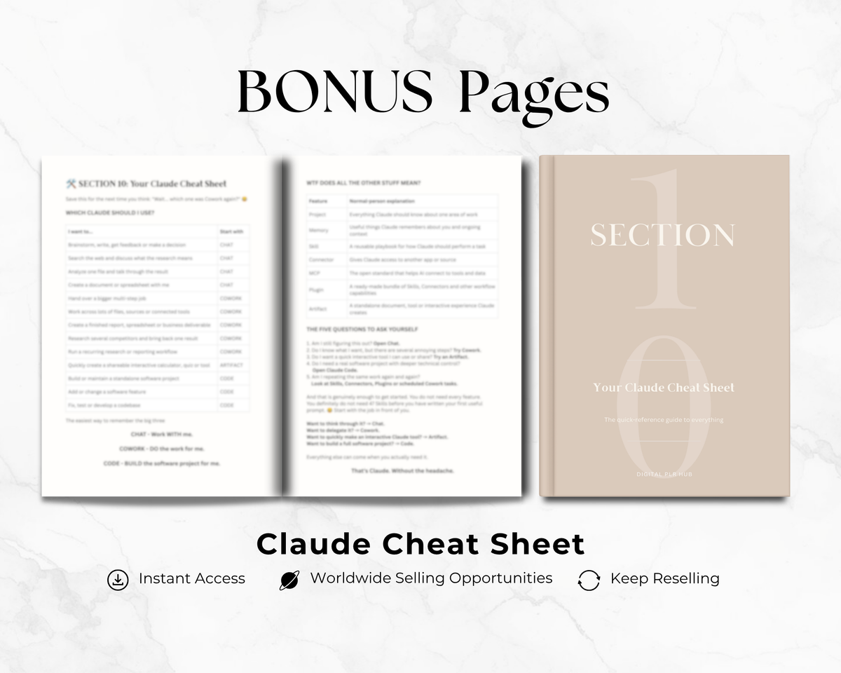 Promotional graphic for a bonus pages Claude Cheat Sheet, showing three preview pages: an instruction sheet, a checklist sheet, and a beige cover page labeled 'SECTION 10 Your Claude Cheat Sheet,' on a light marble background with text reading 'BONUS Pages' and 'Claude Cheat Sheet.'.