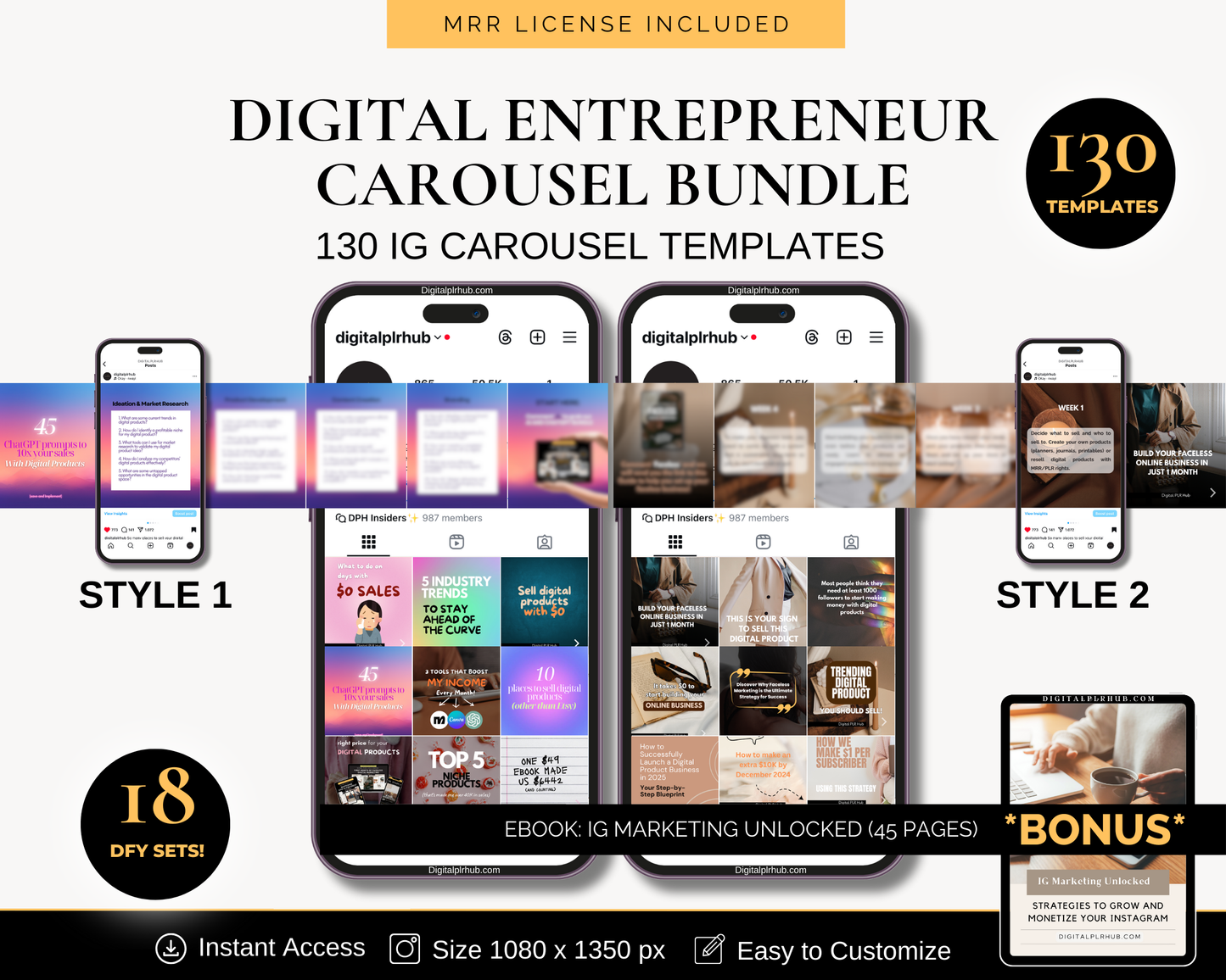 Preview of the Digital Entrepreneur Carousel Bundle featuring 130 ready-to-post Instagram templates designed for engagement and conversions.