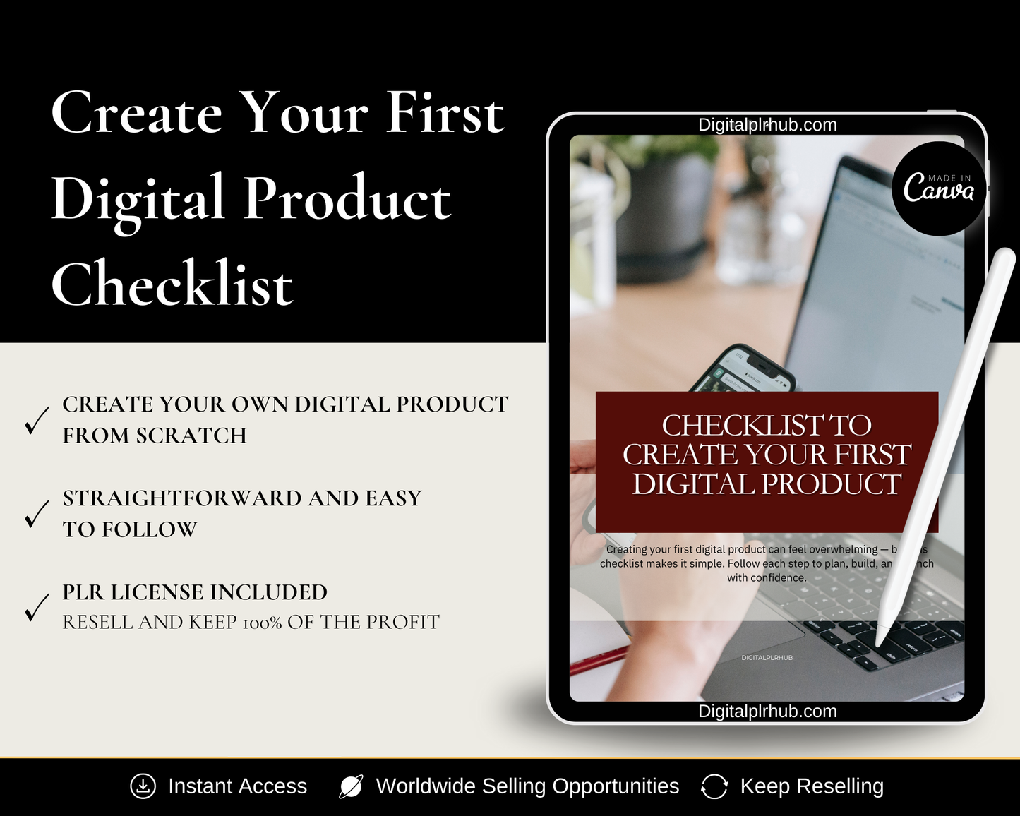 Tablet mockup showing the 'Checklist to Create Your First Digital Product' — includes instant access and PLR license. Create and resell your own digital product.