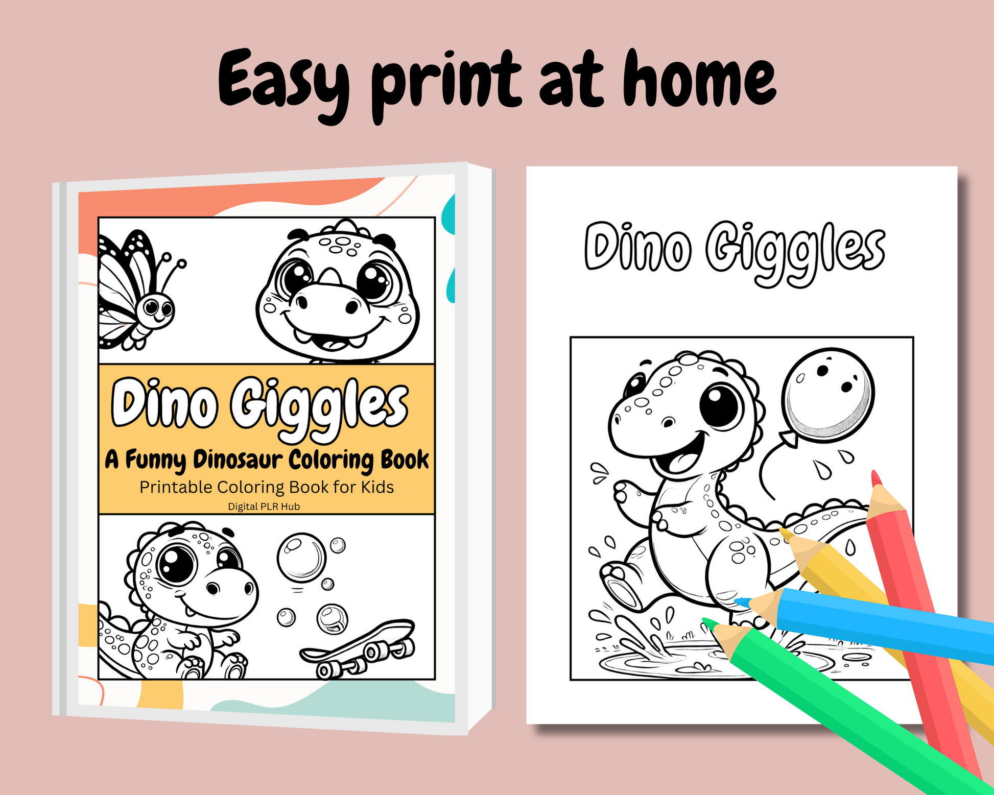 Printable Kids Dinosaur Coloring Book featuring funny dinosaur illustrations. Instantly download, print at home, and enjoy hours of coloring fun. Perfect for preschoolers, kindergarten kids, and dinosaur lovers.