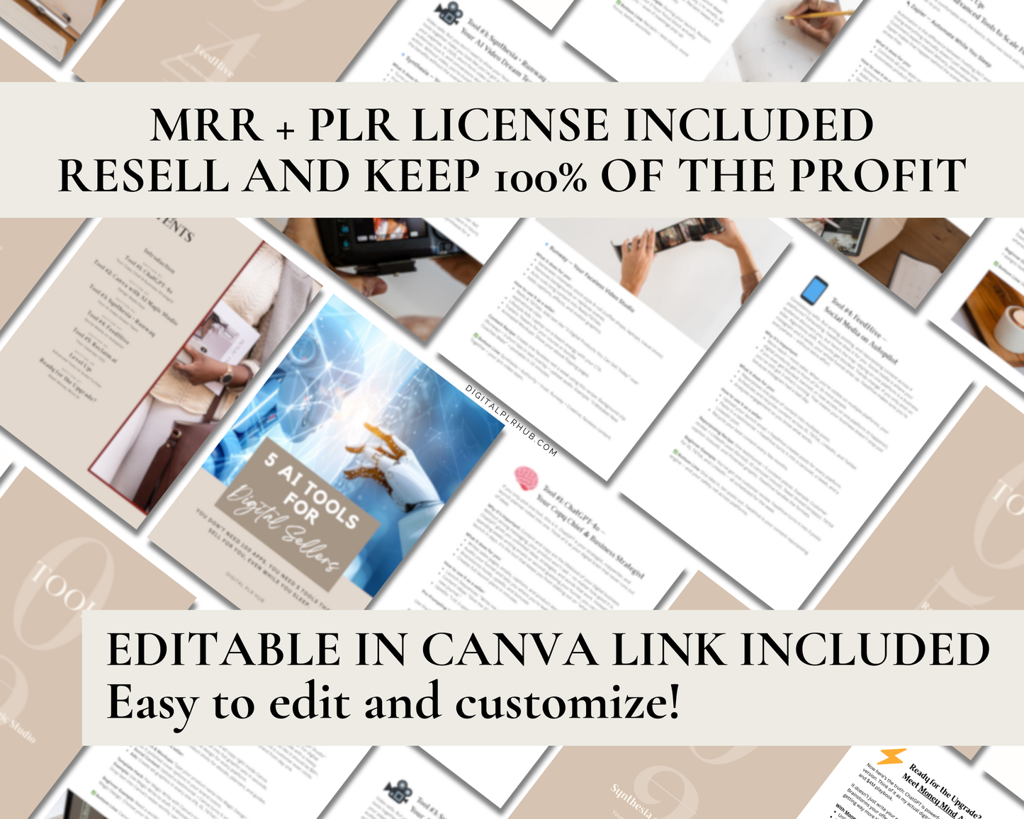 Multiple page mockup of 5 AI Tools for Digital Sellers ebook showing editable Canva design and resell rights.