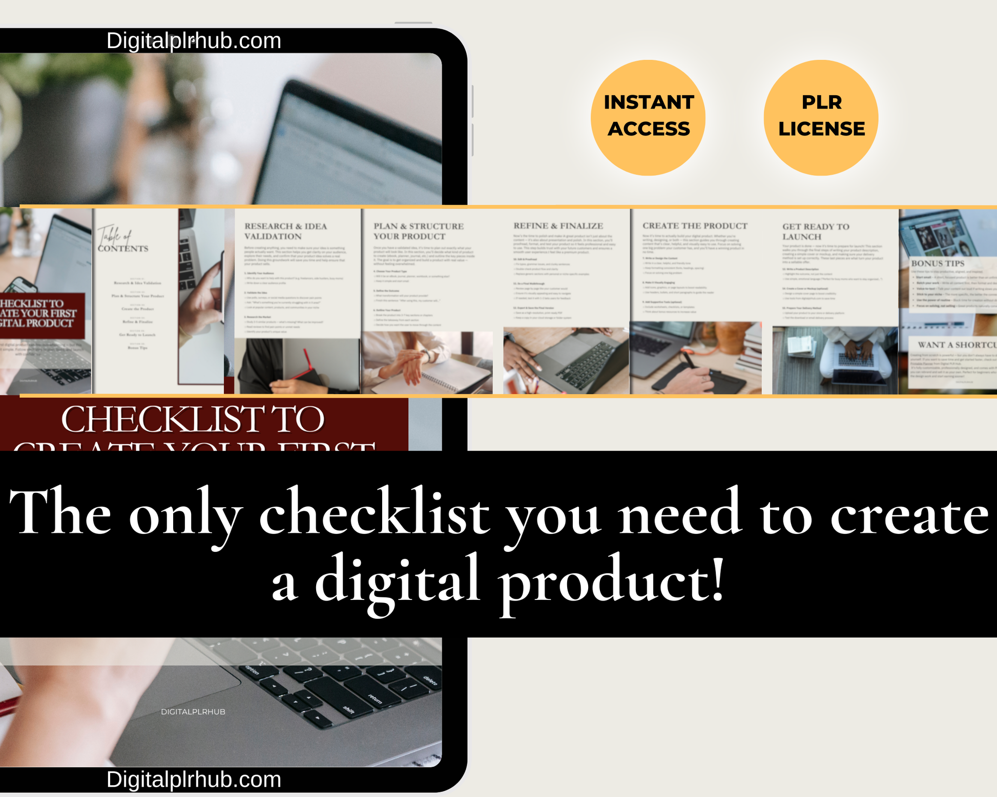 Editable Canva checklist preview with instant download and PLR rights. Includes six sections for building and launching your first digital product.