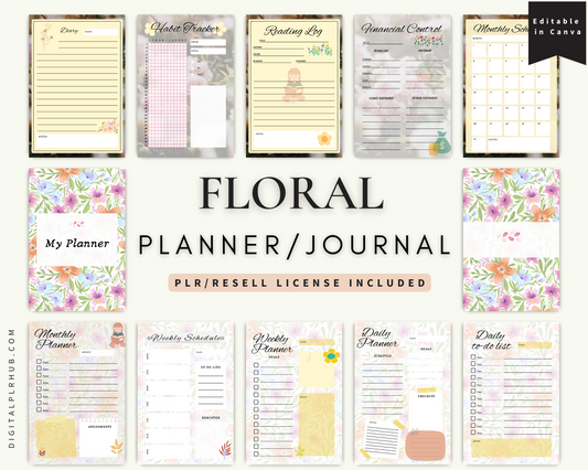 A collection of floral-themed planner and journal pages, with various designs including monthly layouts, weekly plans, and habit trackers.