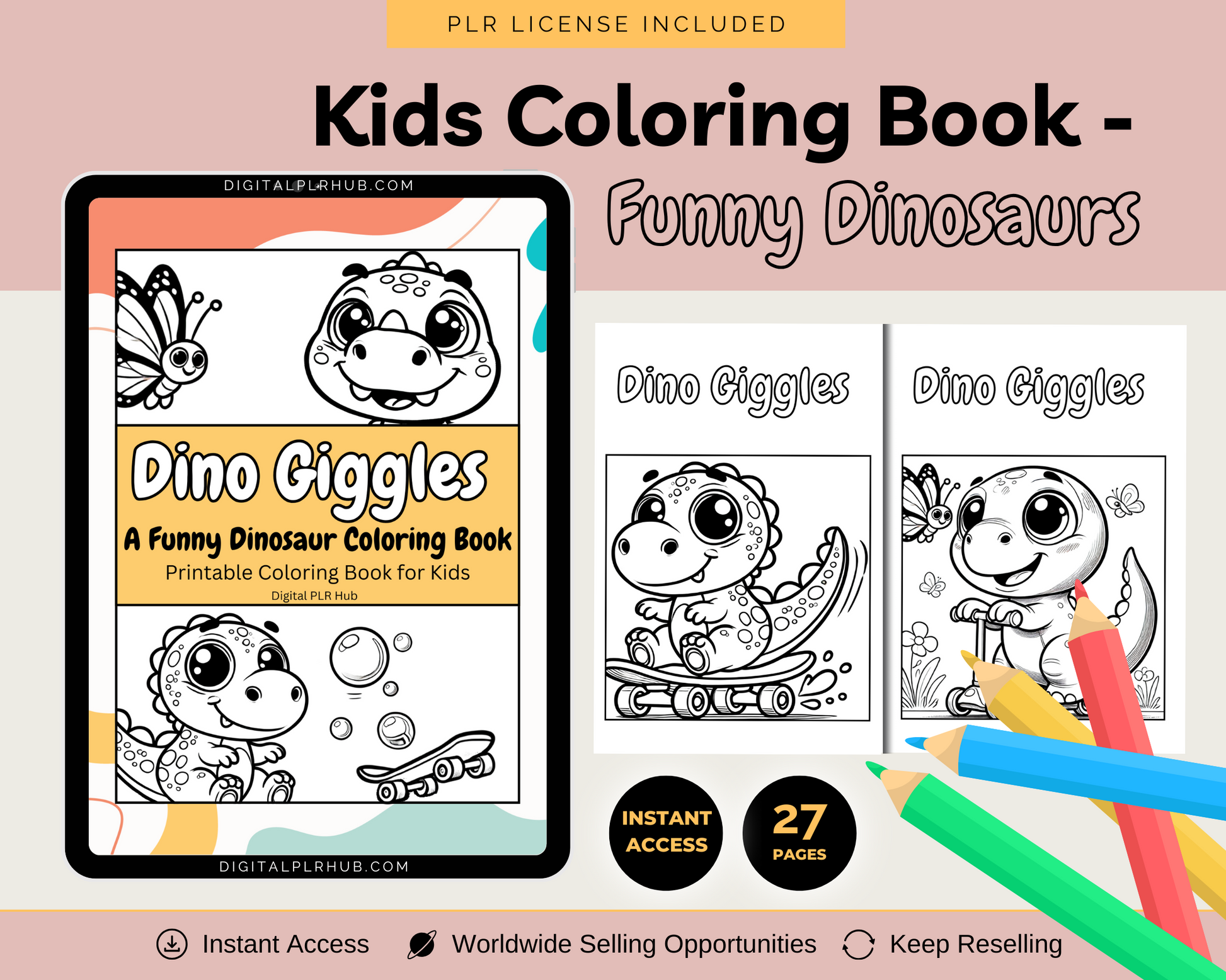 Cover of the Kids Coloring Book - Funny Dinosaurs, featuring adorable dinosaur illustrations. A 27-page printable coloring book with PLR license included. Instant download for parents, teachers, and homeschoolers.