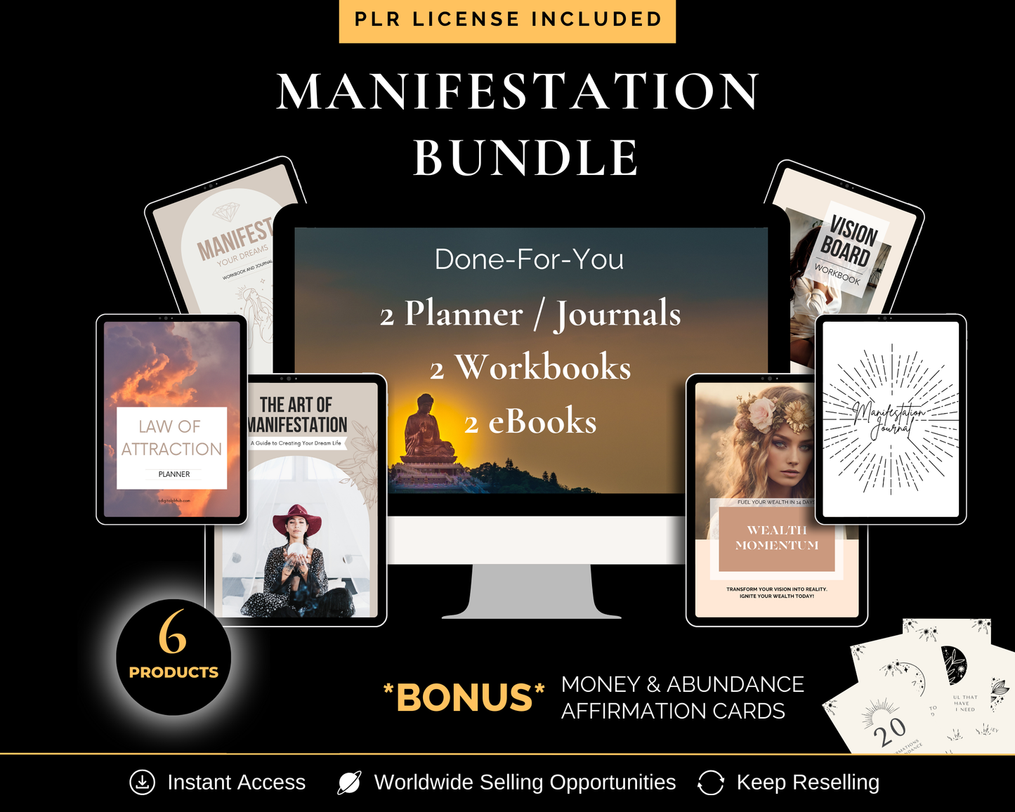 Manifestation Bundle with 7 ready-to-edit spiritual eBooks, journals, and planners designed for reselling with Private Label Rights (PLR).