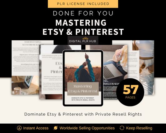 PLR Mastering Etsy & Pinterest eBook featuring resell-ready strategies for shop optimization, Pinterest growth, and digital product marketing.