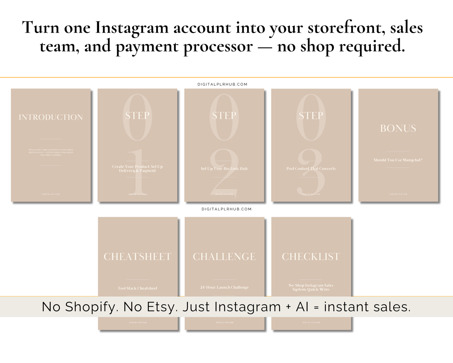 Pages from the No Shop Sales Guide showing the 3-step Instagram sales system with introduction, bio link setup, content strategy, and bonus resources.