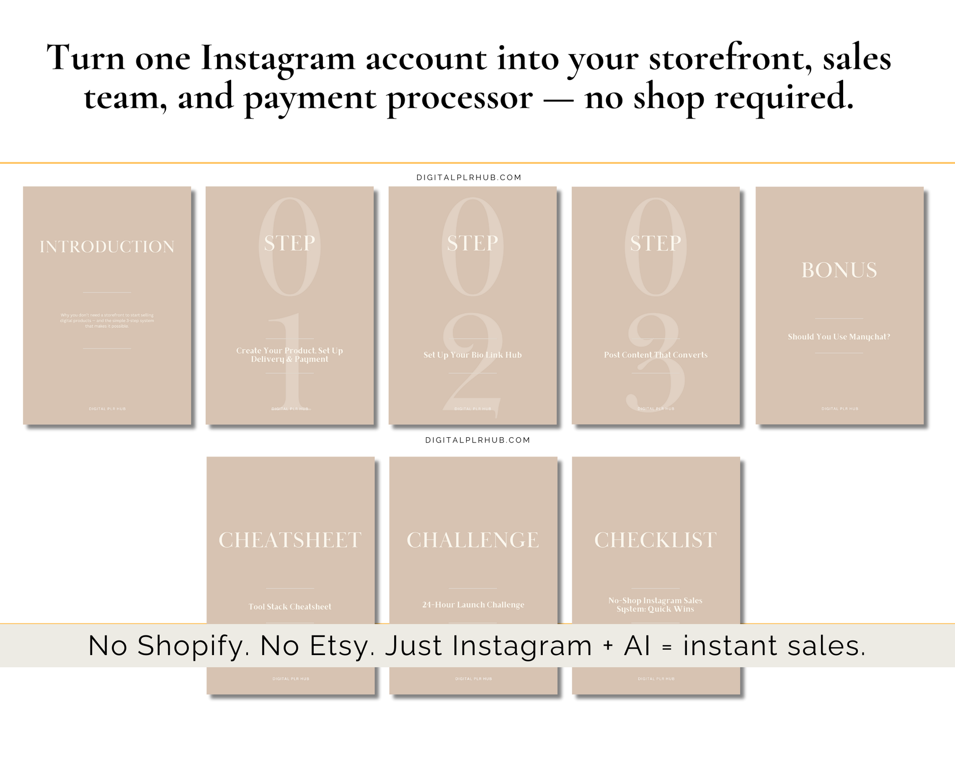 Pages from the No Shop Sales Guide showing the 3-step Instagram sales system with introduction, bio link setup, content strategy, and bonus resources.