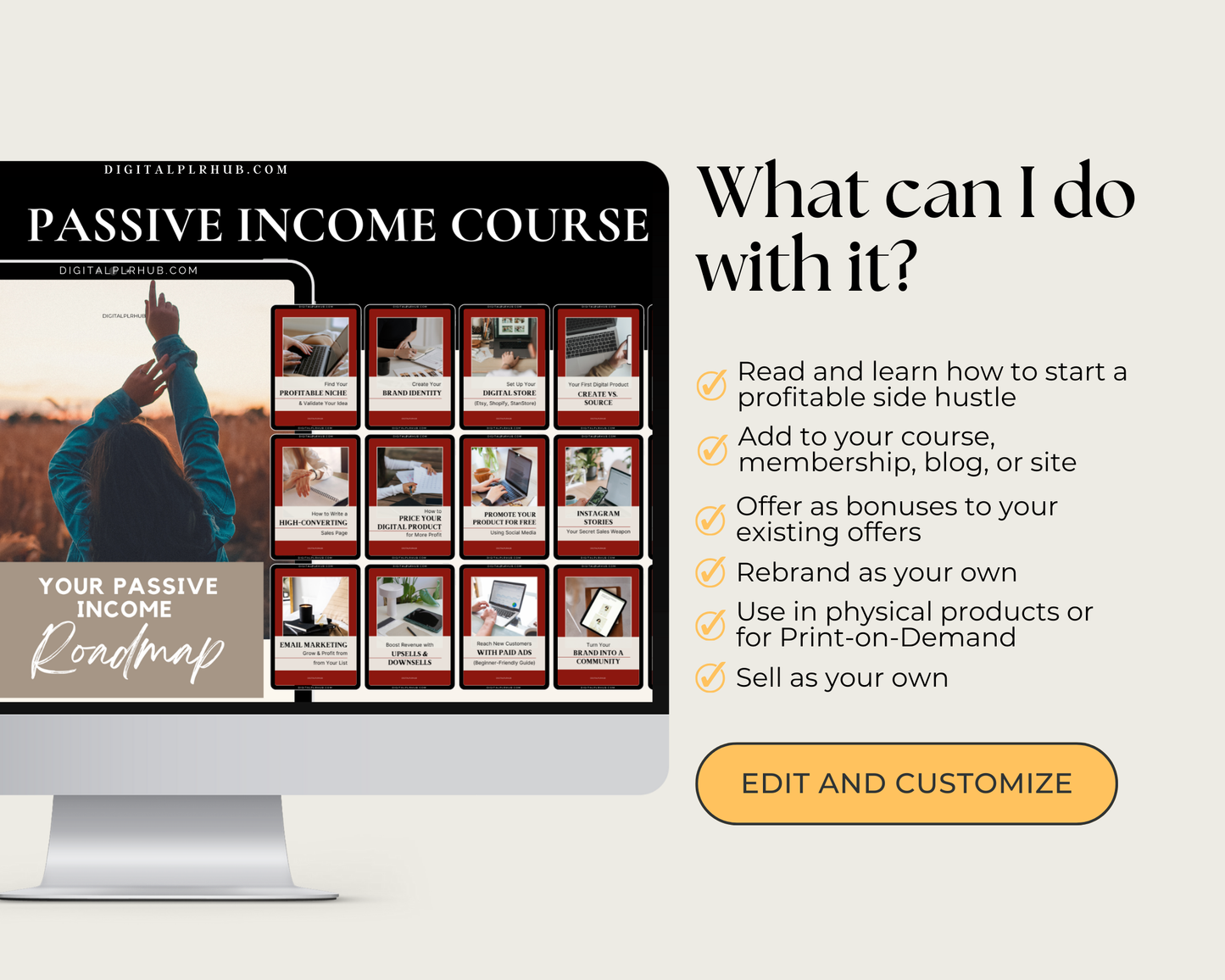 Advertisement for a 'Passive Income Course' with images of a computer screen and text on a white background.