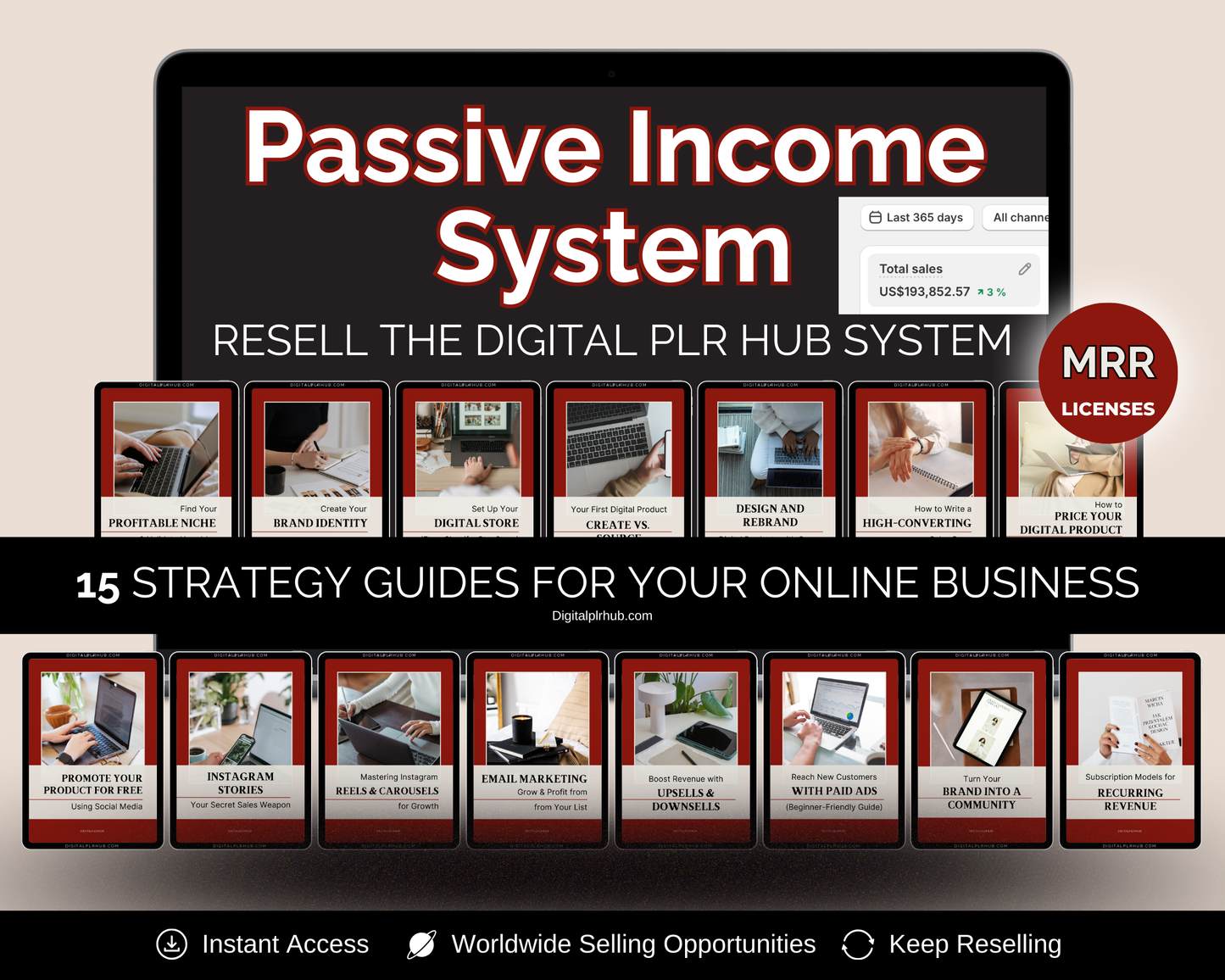 Promotional graphic for a 'Passive Income System' with strategy guides and digital products.