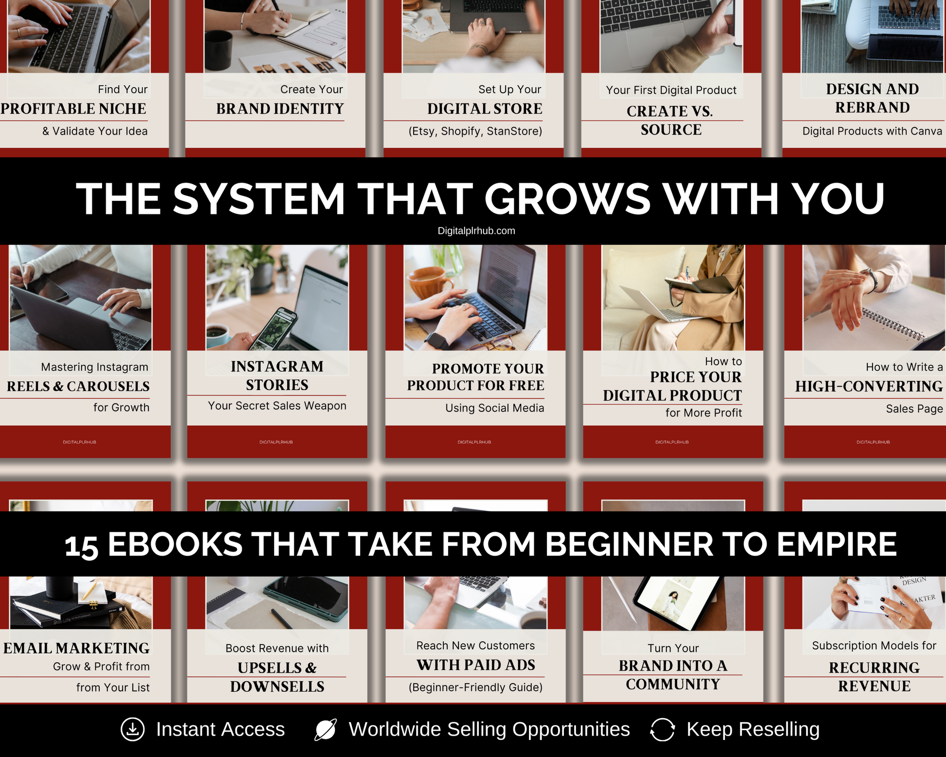 Promotional graphic for a system of ebooks on digital marketing and business growth.