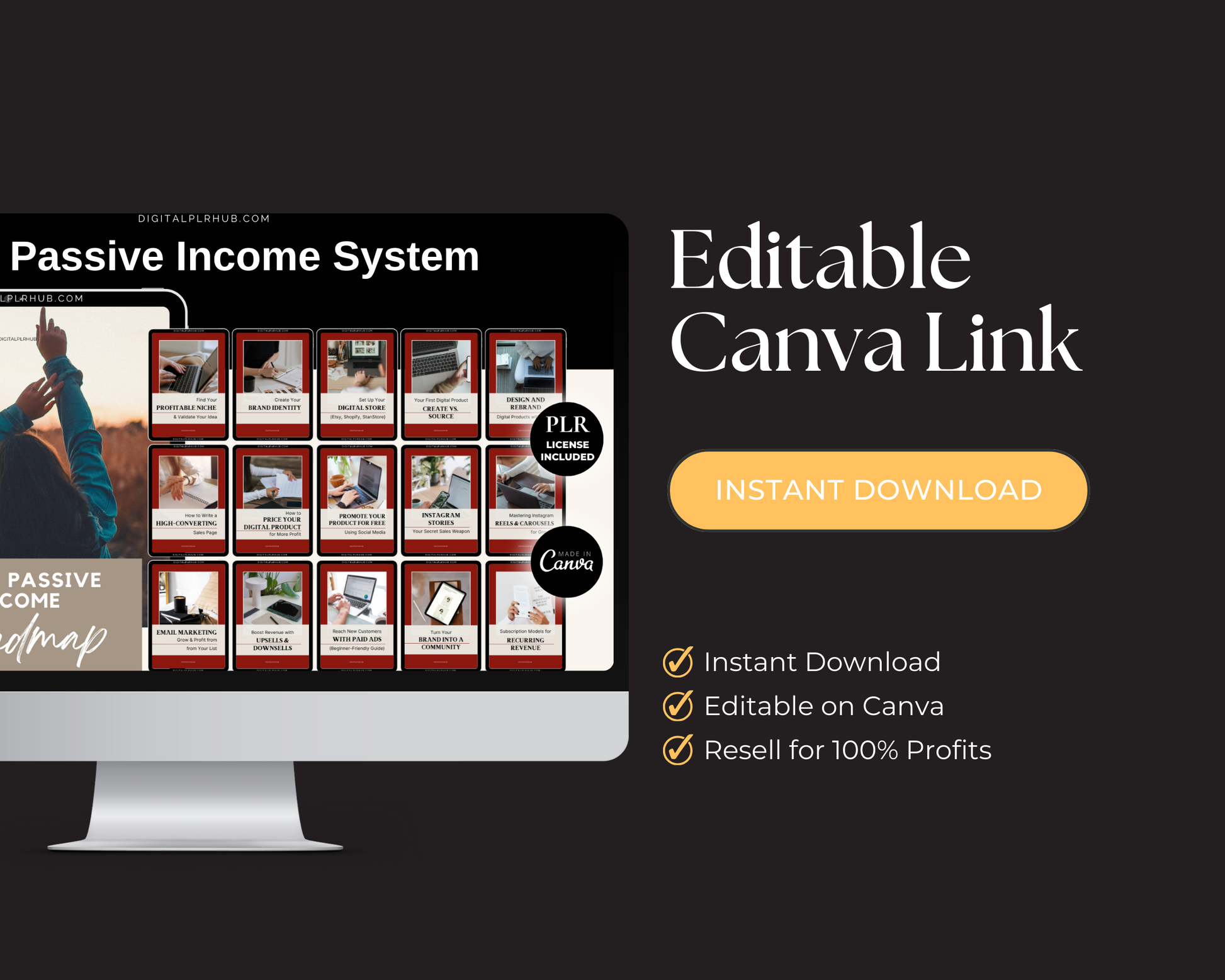 Advertisement for a 'Passive Income System' with a computer screen displaying templates and text about editable Canva links.