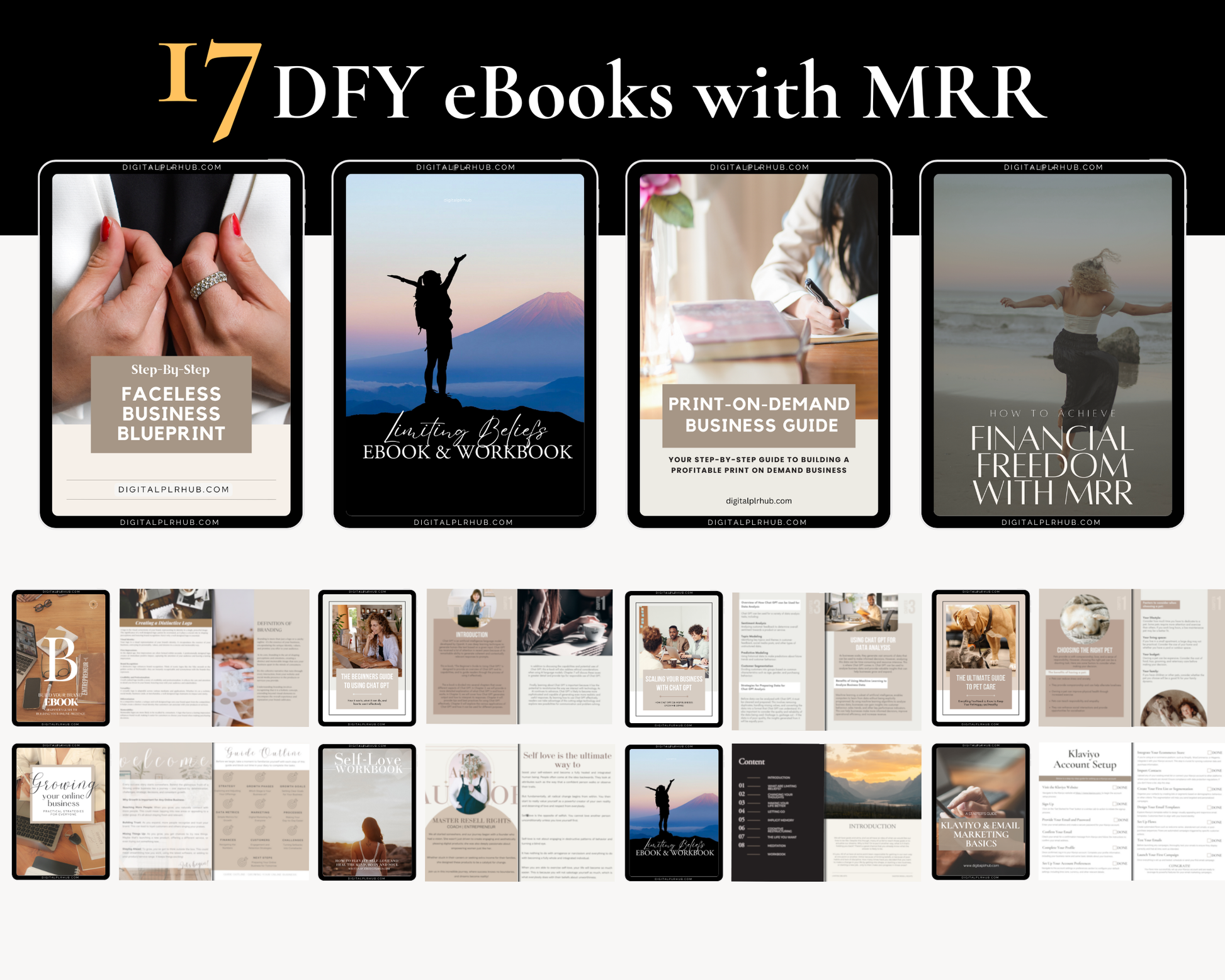 Preview of editable eBook templates from the Ultimate eBook MRR Bundle, featuring sleek layouts across personal growth, marketing, and business niches.