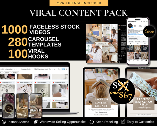 Professional preview of the Viral Content Pack featuring ready-to-post carousel designs with aesthetic, scroll-stopping visuals.