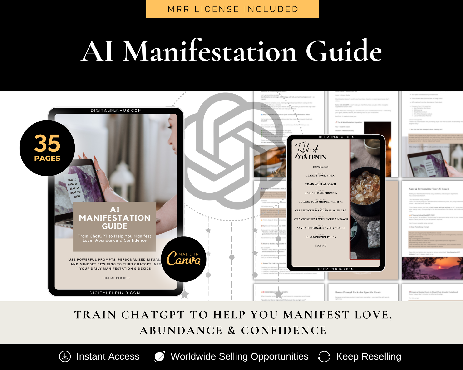AI Manifestation Guide – Train ChatGPT to become your mindset and manifestation coach. Includes PLR license and editable Canva template. 35 pages of journaling prompts and rituals.