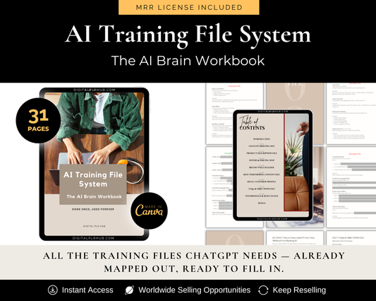 Train ChatGPT on your business using a complete AI training file system workbook with structured business files, brand voice training, pricing maps, Canva editable templates, and MRR resell rights