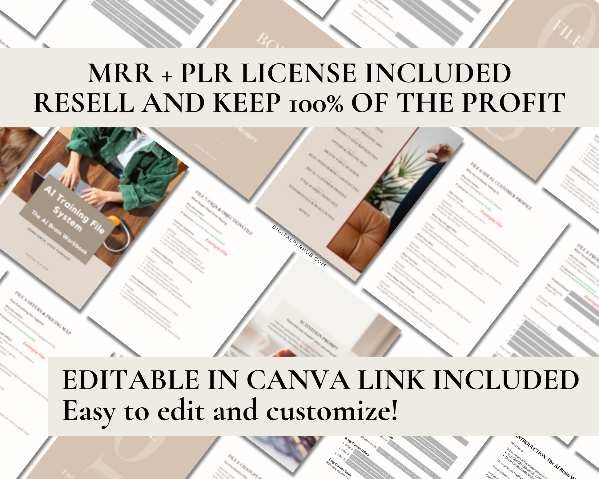 AI training workbook with Master Resell Rights and editable Canva file, allowing digital product sellers to resell and customize AI training templates for business use