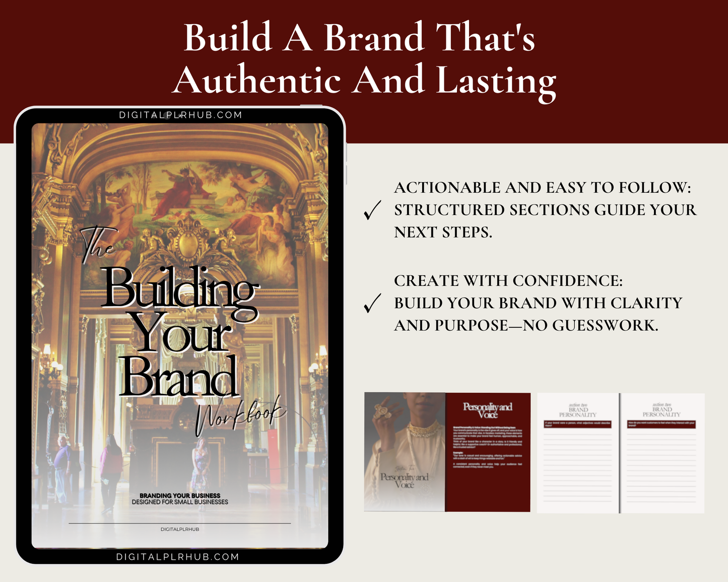 PLR digital workbook titled "Building Your Brand" with step-by-step sections to create an authentic and profitable business for beginner moms