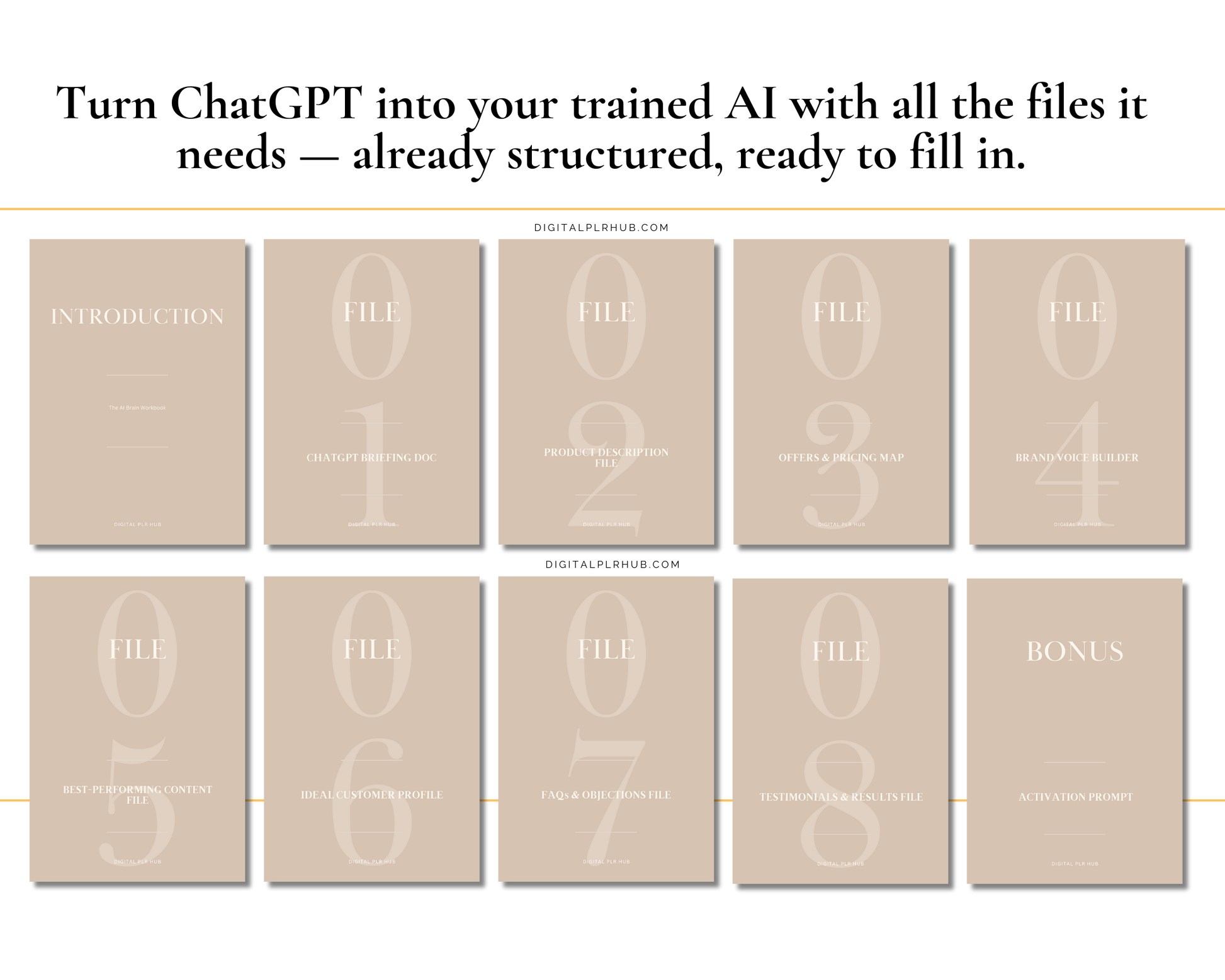 Complete AI training file system showing all files needed to train ChatGPT on a business including briefing doc, brand voice builder, pricing map, and customer profile