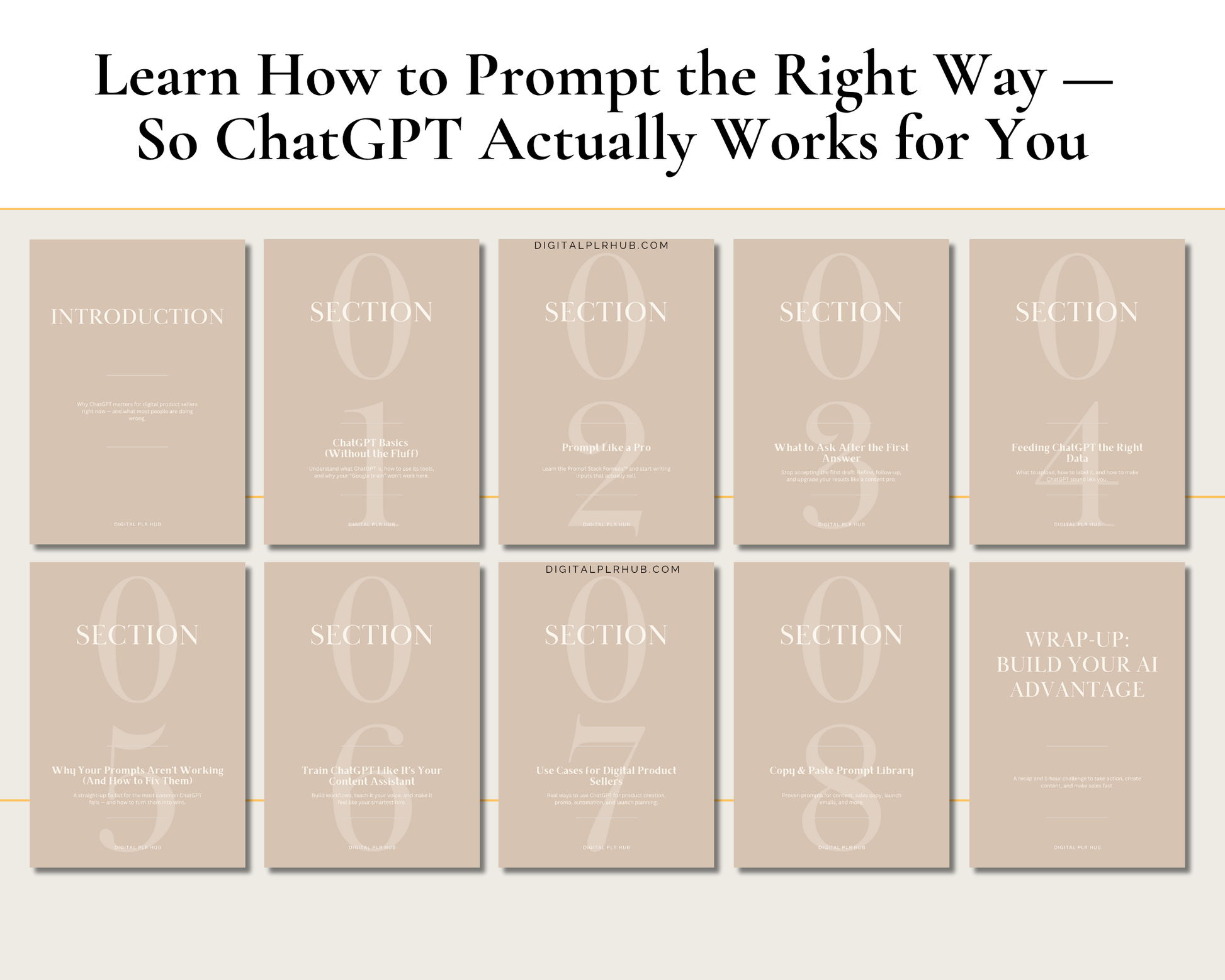 Preview pages of AI Prompting Guide showing prompt stack formula, power words, and step-by-step ChatGPT workflows for creators