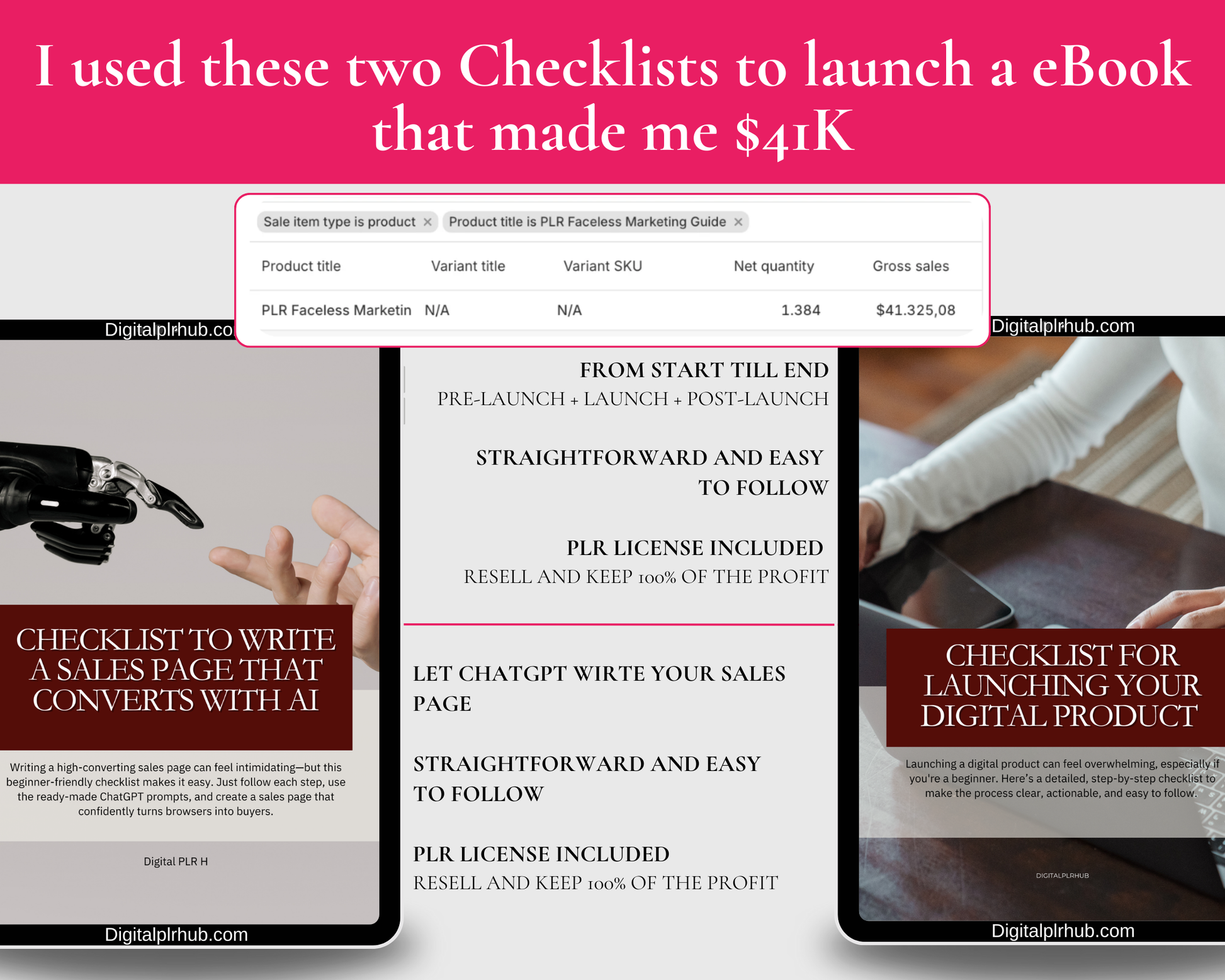 Digital product launch and sales page checklists. Includes AI prompts, PLR rights, and pre-launch/post-launch workflow for creating profitable ebooks or templates.