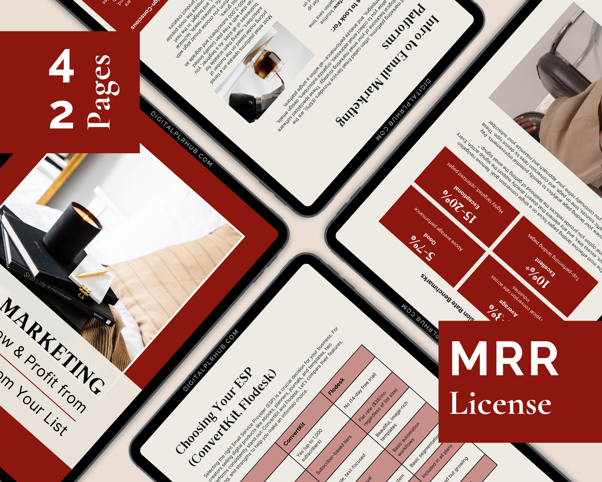 Inside pages of the Email Marketing eBook showing content on platforms, email performance benchmarks, and comparison of ConvertKit vs Flodesk