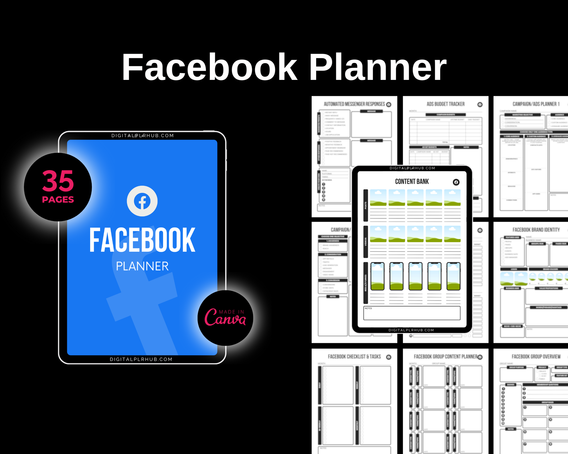 Facebook content planner mockup with 35 editable Canva pages including post scheduler, group content planner, ad budget tracker, messenger replies, brand identity sheet, and campaign planner. Ideal for coaches, community managers, and small business owners.