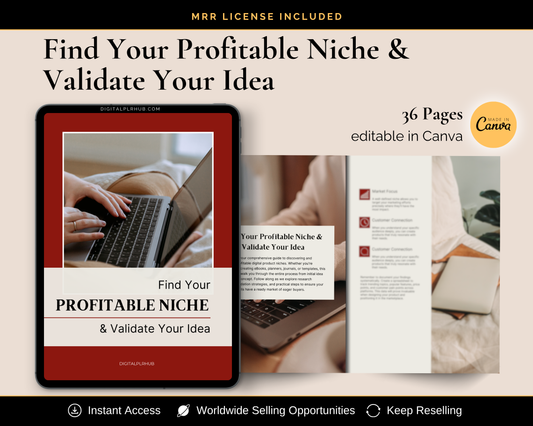 Cover mockup of 'Find Your Profitable Niche & Validate Your Idea' eBook with PLR and MRR license for digital product sellers – editable in Canva
