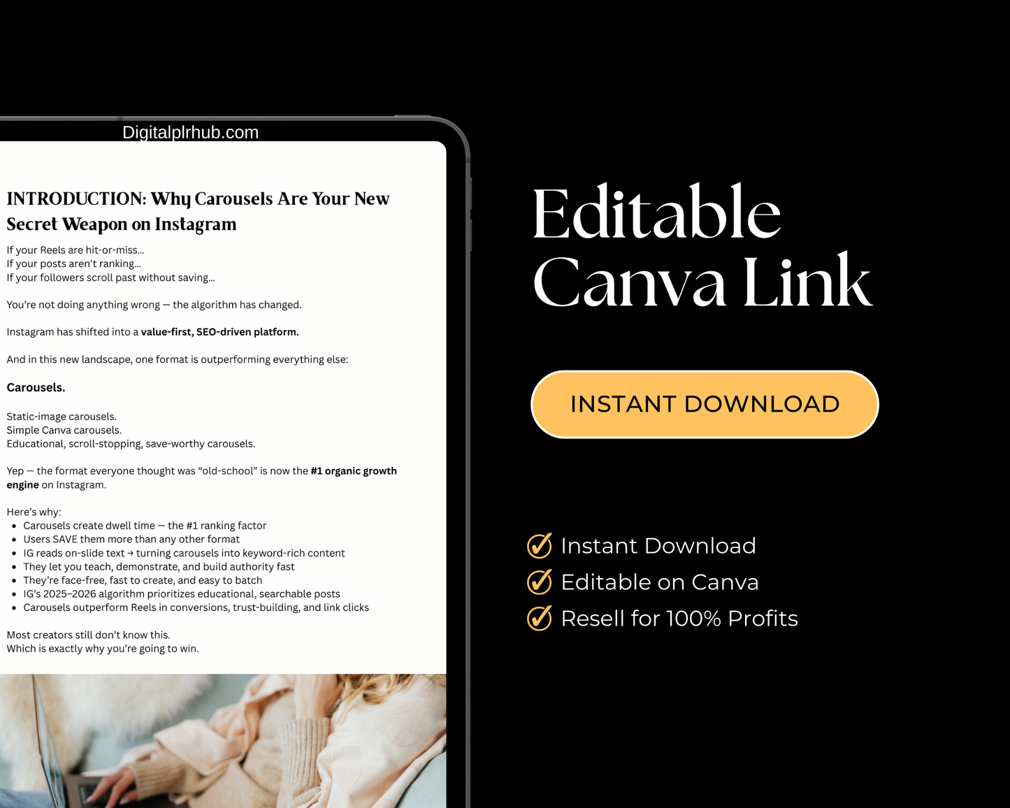 Introduction to the Carousel Power Playbook showing how to optimize Instagram carousels for reach, SEO, and engagement using Canva.