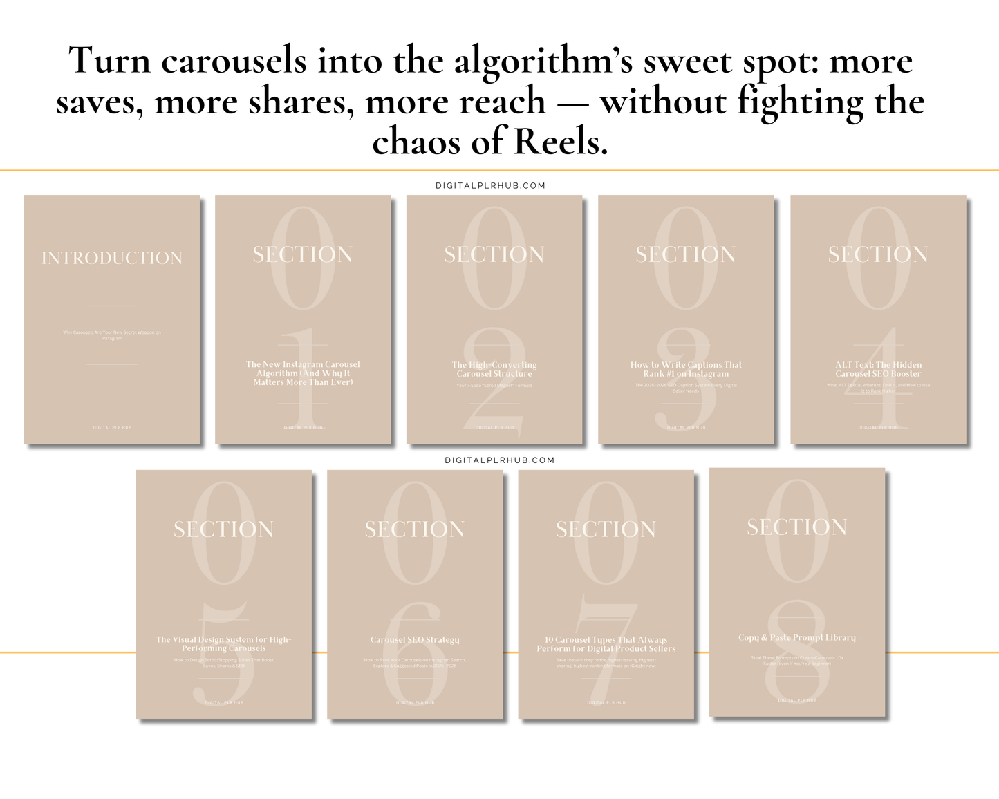 Inside look at the Carousel Power Playbook table of contents. Learn Instagram SEO tips, caption writing, content structure, and Canva design strategy.