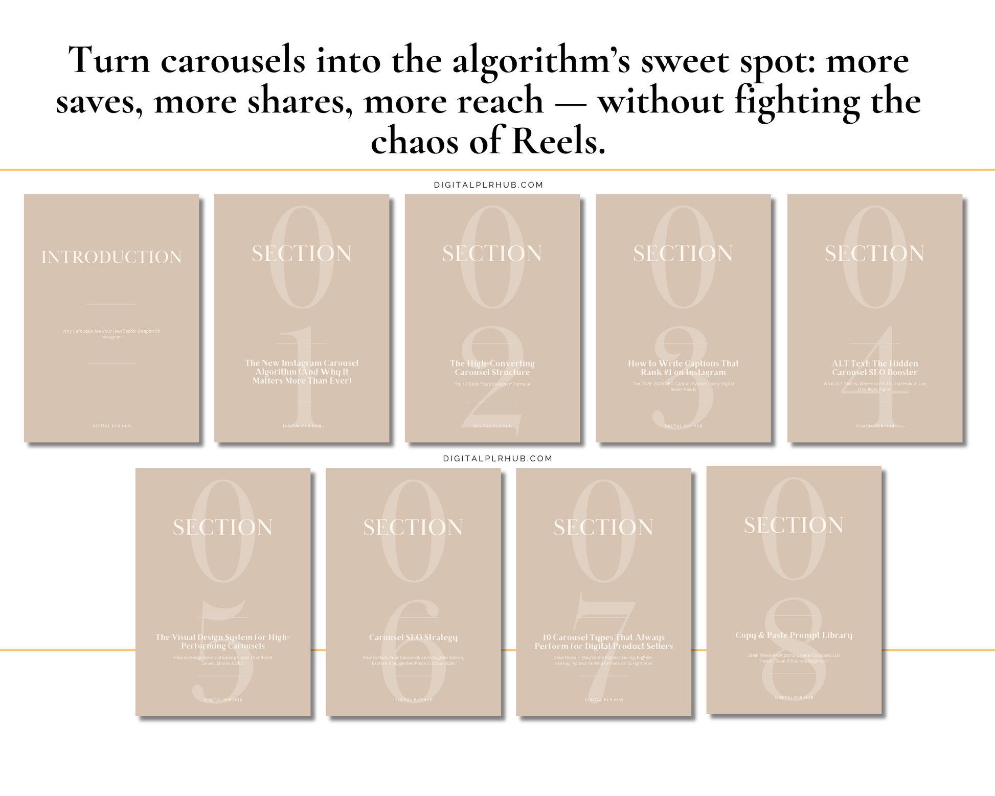 Inside look at the Carousel Power Playbook table of contents. Learn Instagram SEO tips, caption writing, content structure, and Canva design strategy.