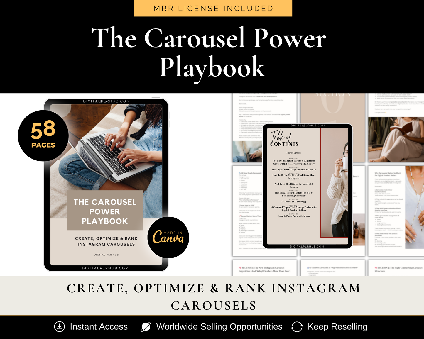 Downloadable Canva playbook teaching Instagram carousel strategy for digital product sellers. Includes PLR and MRR resale rights.