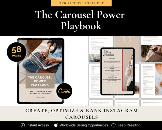 Downloadable Canva playbook teaching Instagram carousel strategy for digital product sellers. Includes PLR and MRR resale rights.