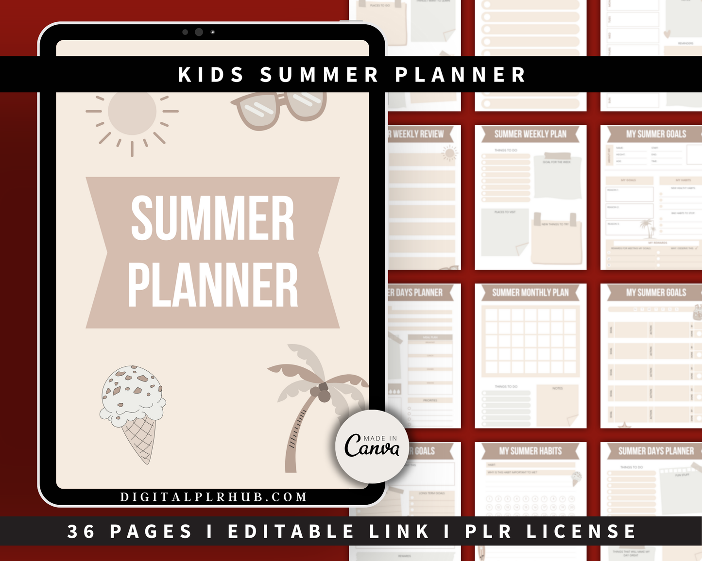 36-page kids summer planner with goals, activities, and checklists — editable Canva template with PLR rights for seasonal parenting content.