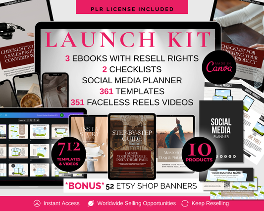Digital product launch kit with Canva templates for Etsy, Instagram and Pinterest. Includes ebooks, checklists, mockups, social media planner, reels, and banners. Perfect for creators starting a side hustle or online business.