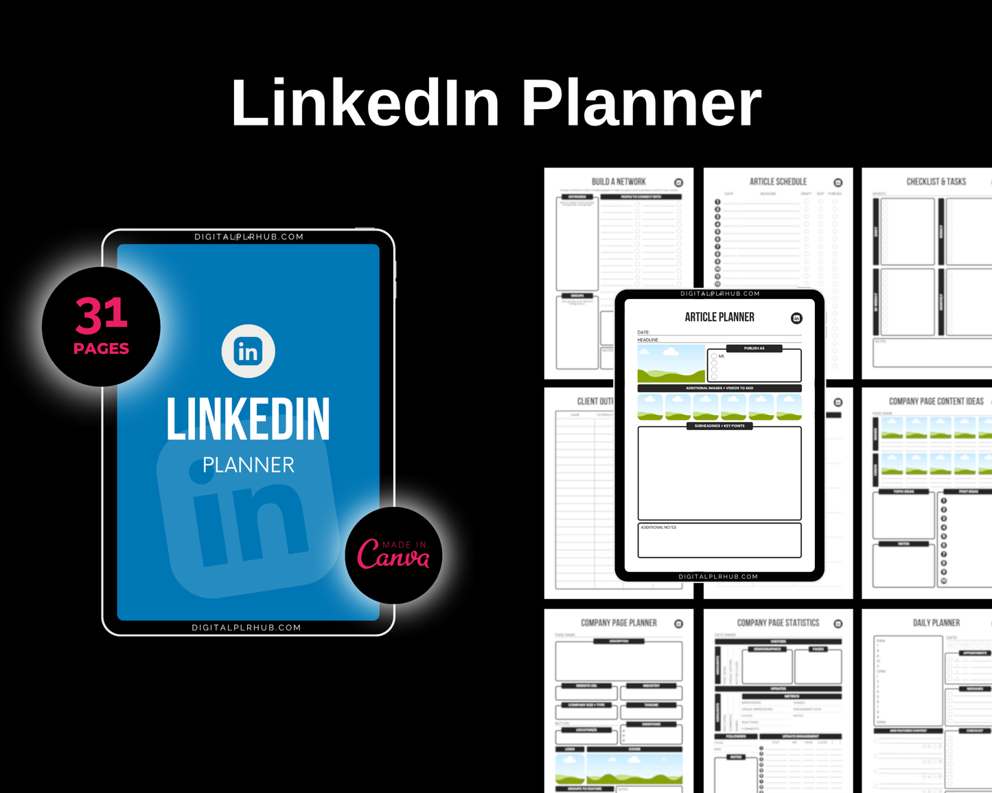 LinkedIn content planner mockup with 31 editable Canva pages including article planner, connection outreach tracker, company page planner, client follow-up sheet, post schedule, and lead generation prompts. Ideal for service providers and consultants.