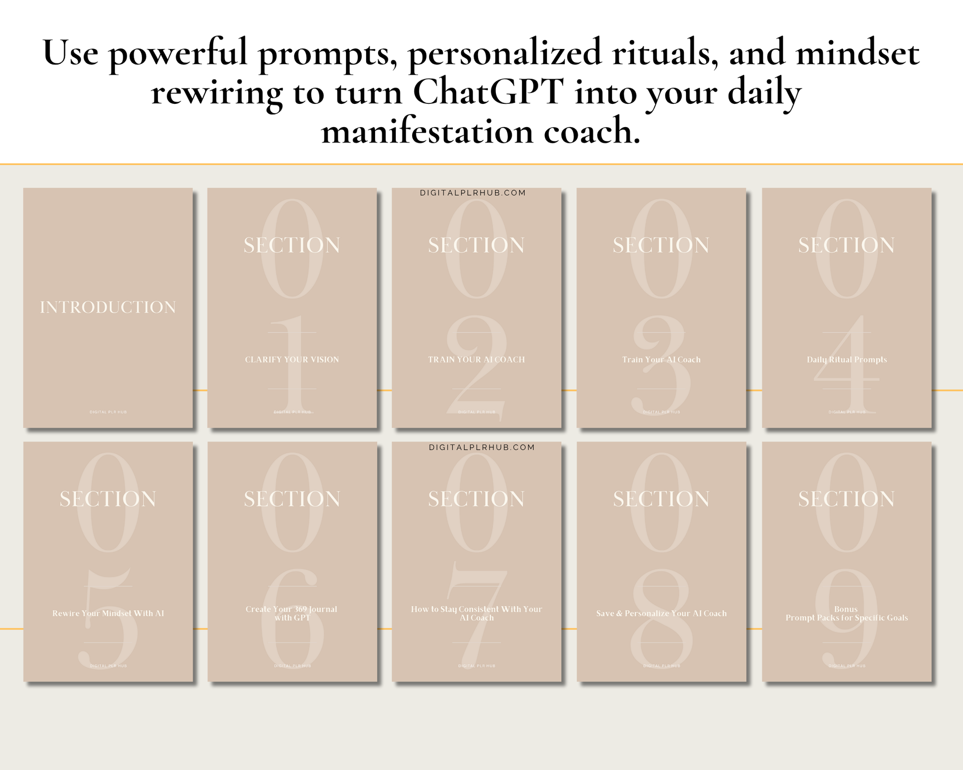 Manifestation ebook preview showing 9 guided sections including journaling, mindset rewiring, and ChatGPT setup. Spiritual business tool with resell rights.