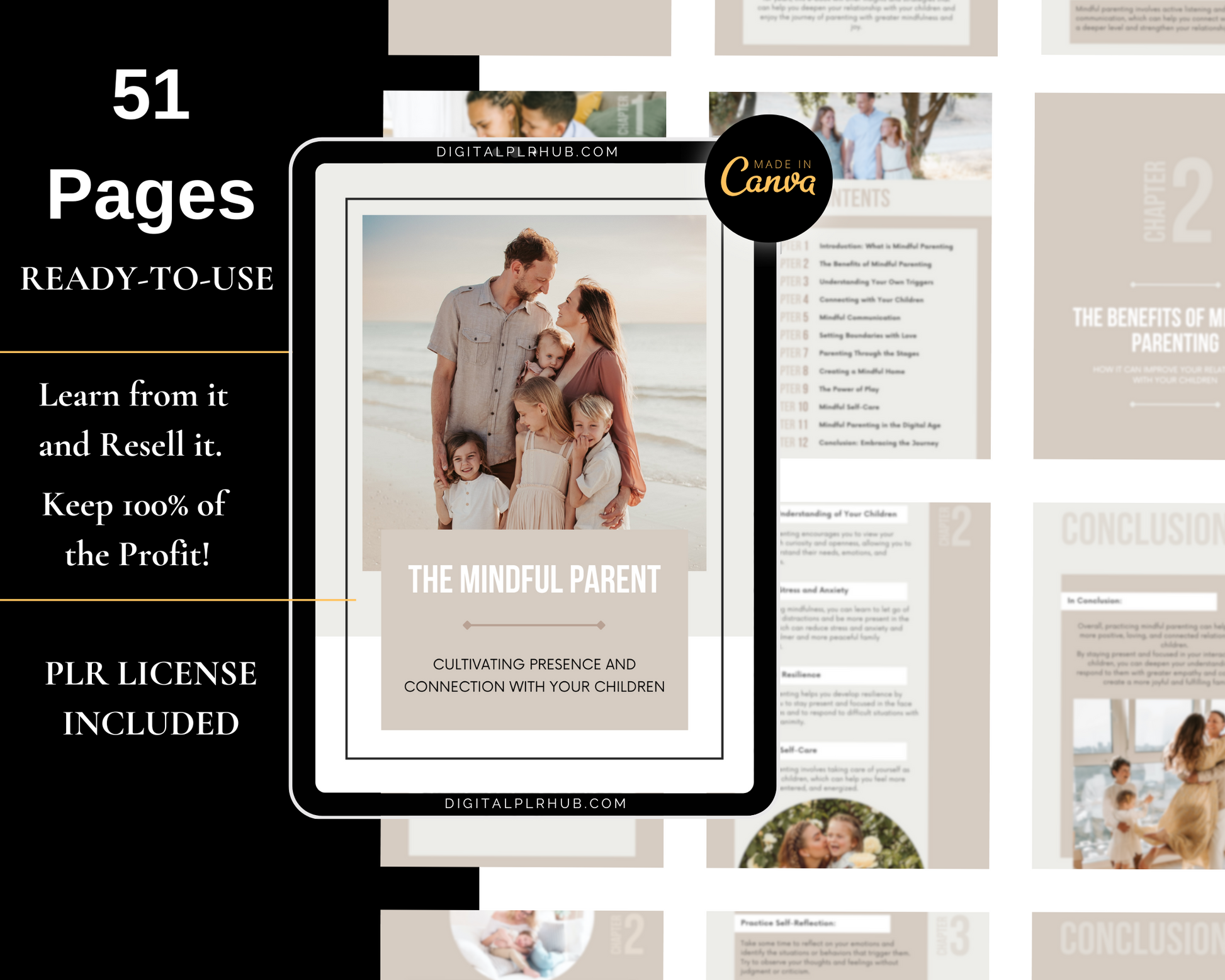 The Mindful Parent 51-page digital PLR guide focused on conscious parenting, emotional connection, and presence-building for mothers