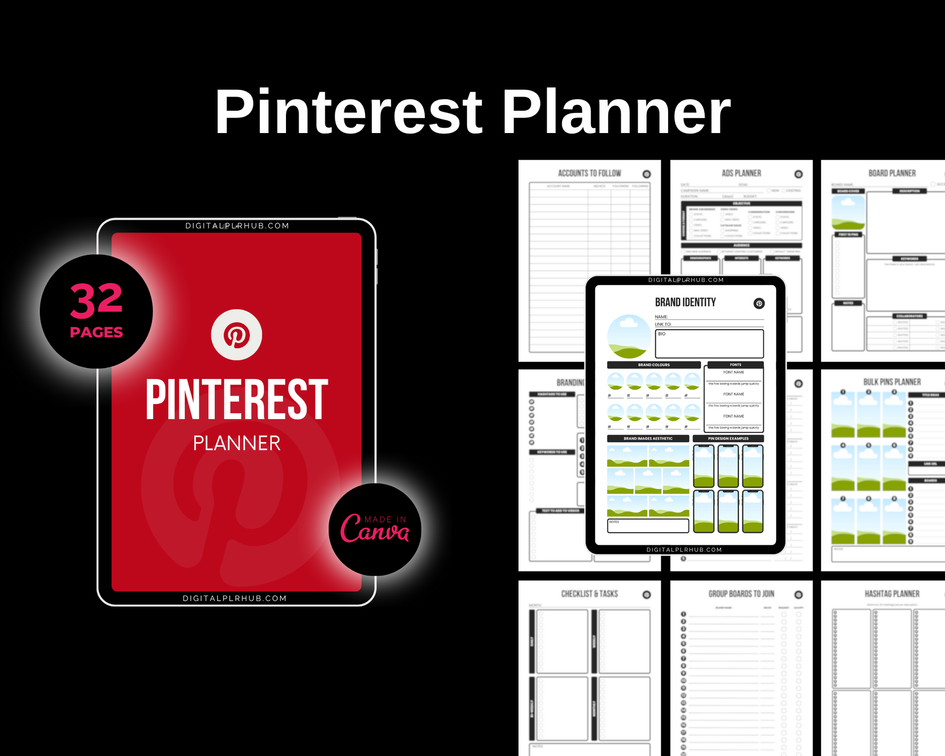 Pinterest content planner mockup with 32 editable Canva pages including pin design layouts, board planner, branding kit, hashtag tracker, group board list, and ads planner. Perfect for bloggers, Etsy sellers, and visual marketers.