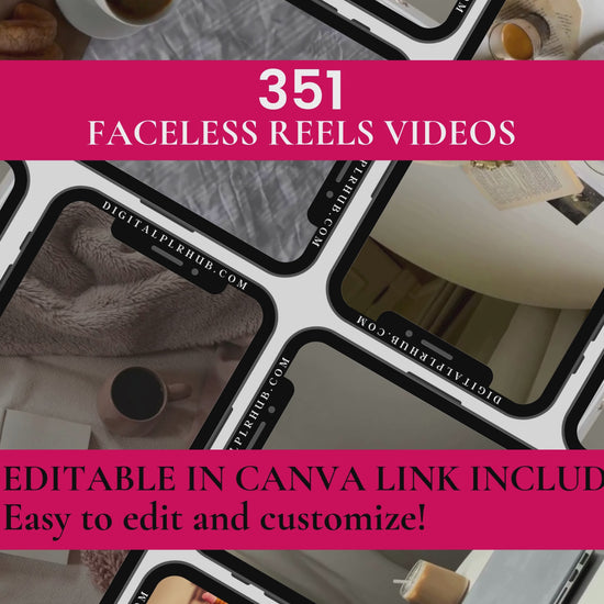351 editable faceless reels video templates to promote digital products. Designed for Instagram and Pinterest, customizable in Canva.