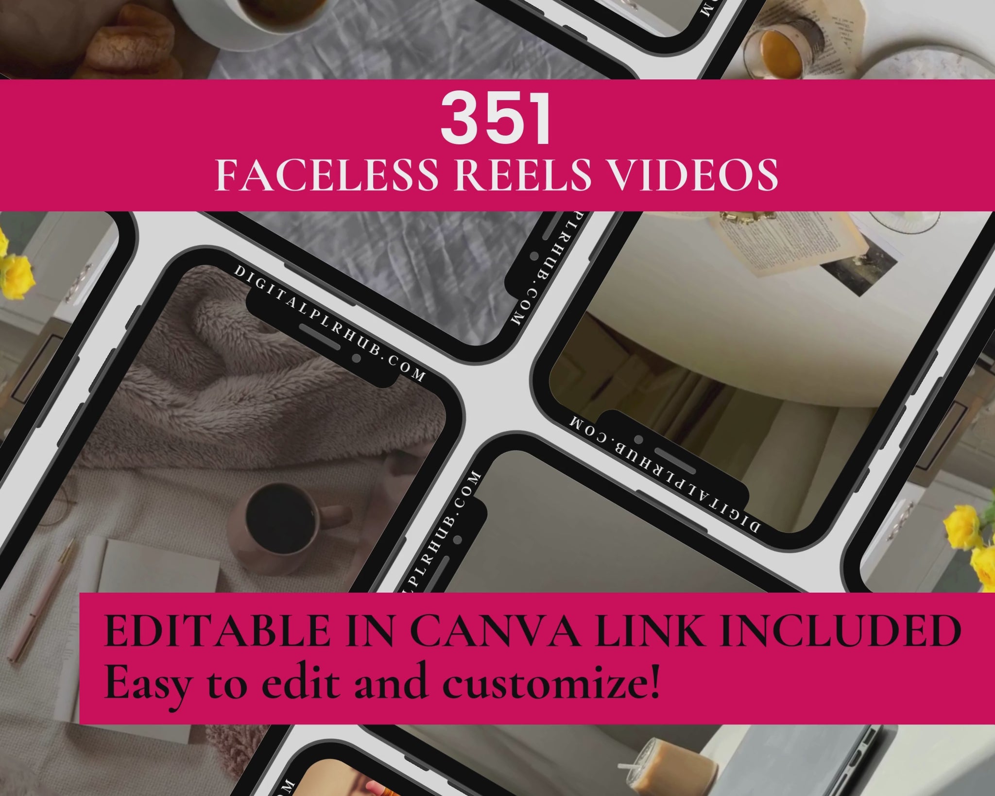 351 editable faceless reels video templates to promote digital products. Designed for Instagram and Pinterest, customizable in Canva.